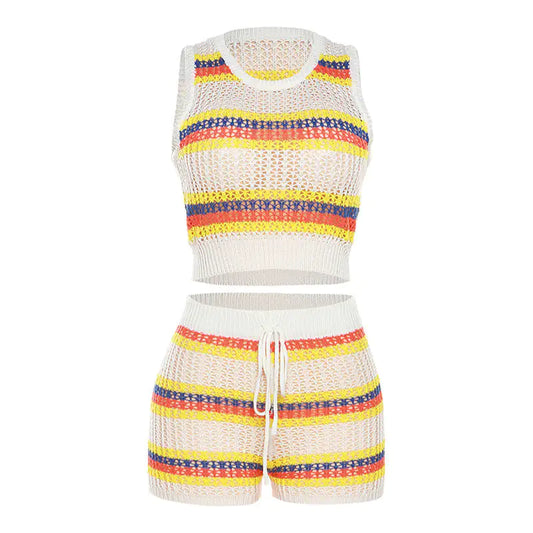 Sweet Summer Crochet Knit Striped Sleeveless Short Set