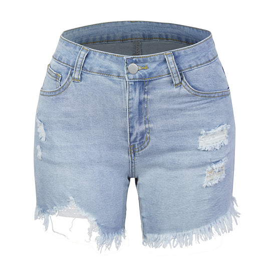 Basic Blue Ripped Fringed High Stretch Denim Shorts