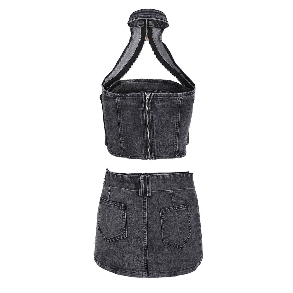 Rock With Me Backless Denim Skirt Set