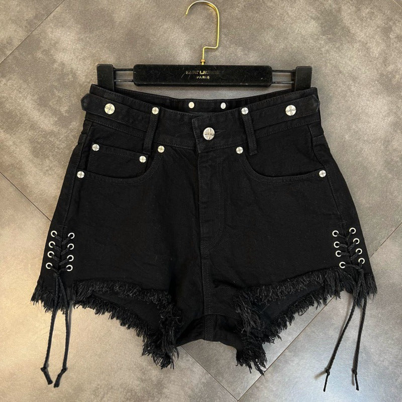 Lace-up Frayed Cross Flower & Pattern Denim Shorts