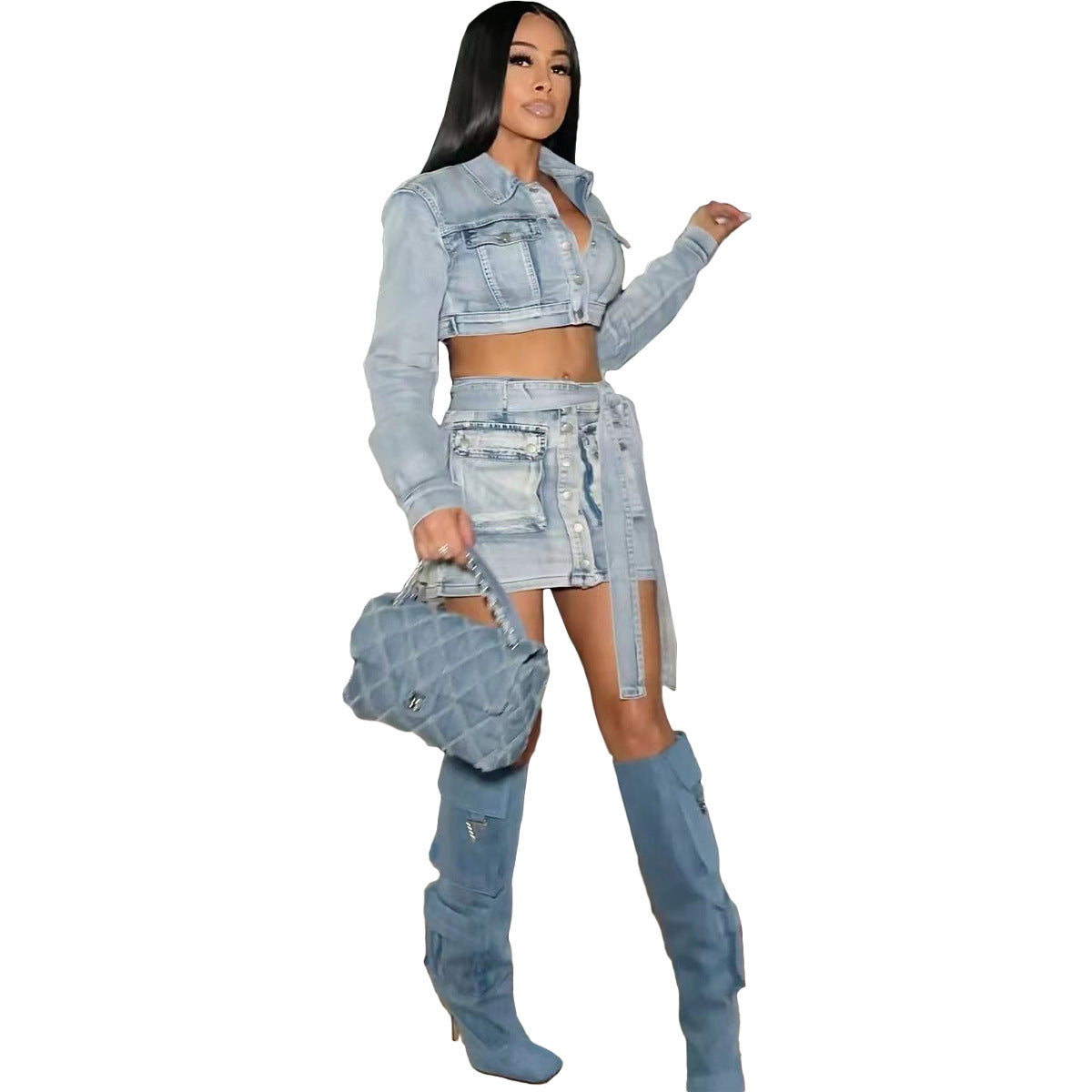 Stylish Multi-pocket Washed Denim Coat Skirt Set