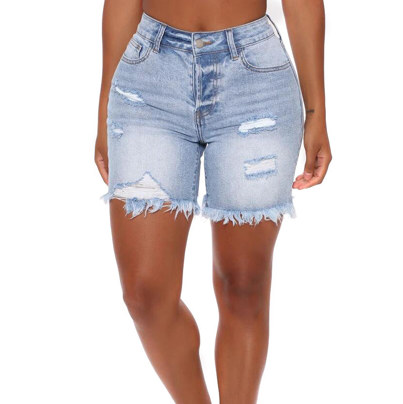 Basic Blue Ripped Fringed High Stretch Denim Shorts