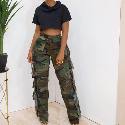 Limited Edition Camouflage Side Tassel Large Pocket Pants