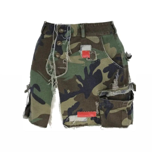 Emotionally Disturbed Patched Distressed Camo Mini Skirt