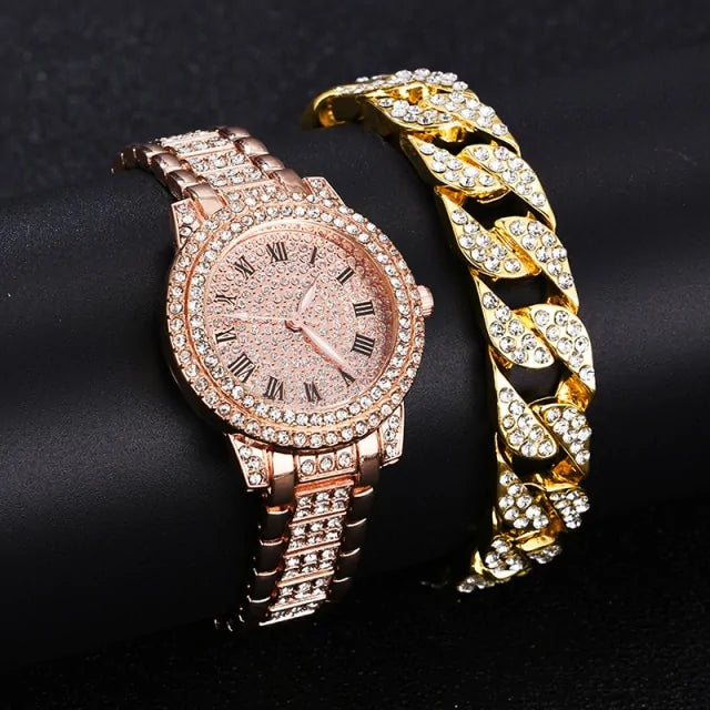 Diamond Crystal Watch and Bracelet Set