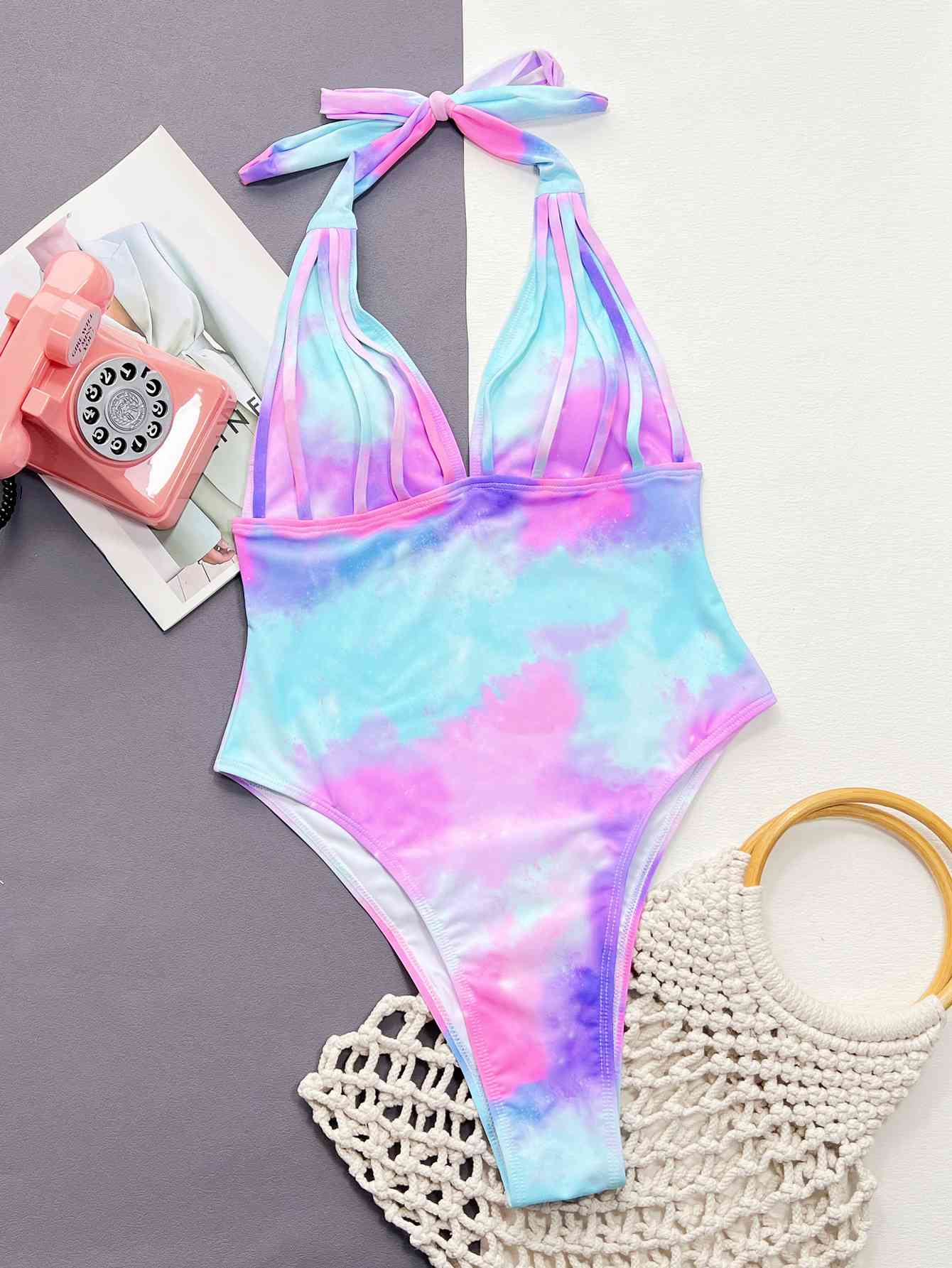 Cotton Candy Tie-Dye Halter Neck One-Piece Swimsuit