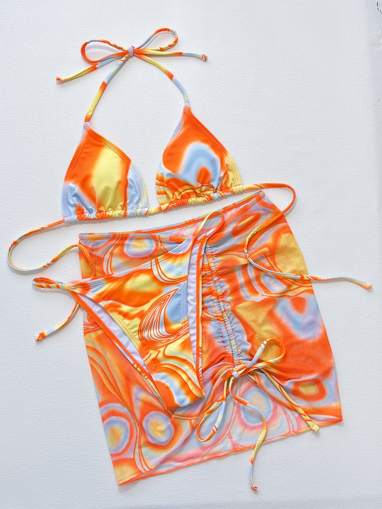 Tara Multicolored Drawstring Ruched Three-Piece Swim Set