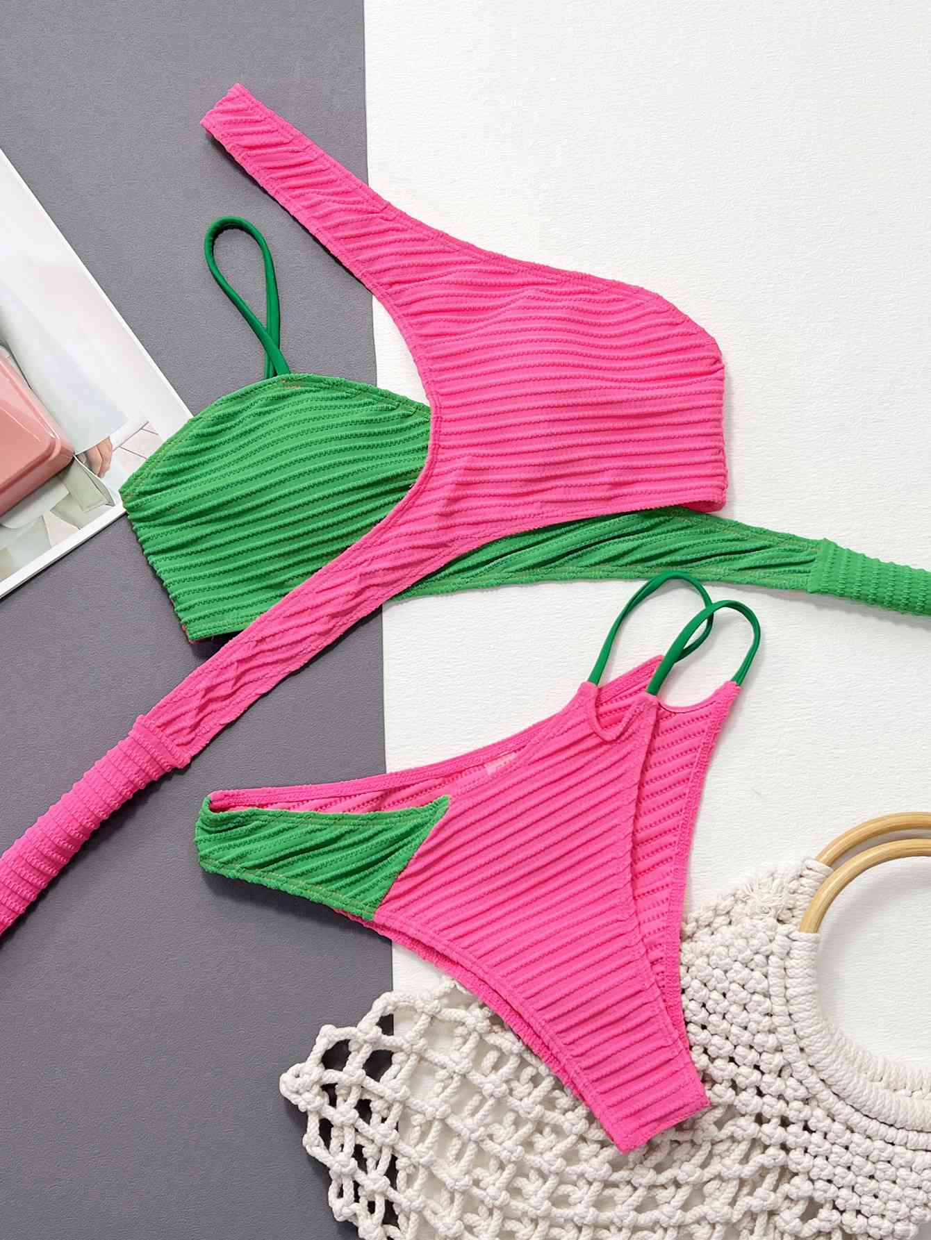 Watered Melon Contrast One-Shoulder Two-Piece Swim Set