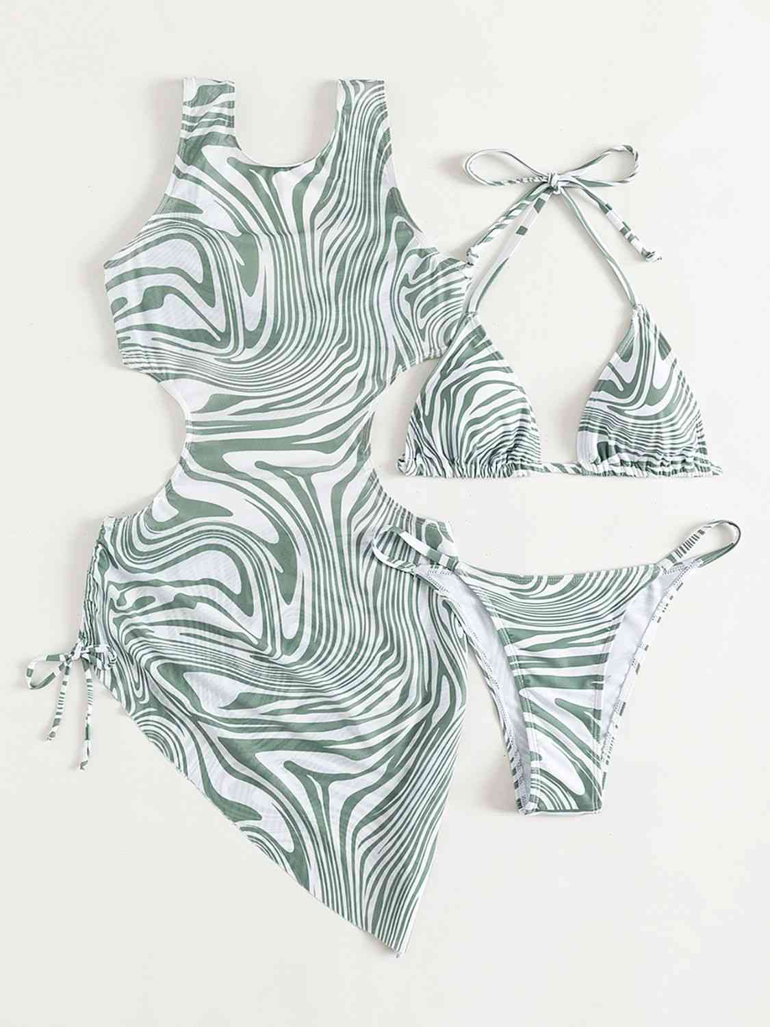 Abstract Print Tie Back Three-Piece Swim Set